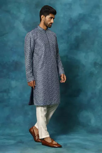 Blue And Cream Rayon Cotton Kurta Pyjama Set