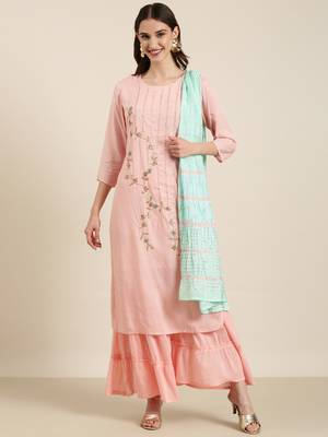 women's round neck solid pink straight kurta and sharara with dupatta 2