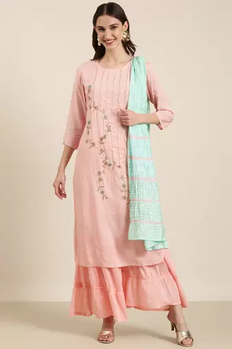 women's round neck solid pink straight kurta and sharara with dupatta
