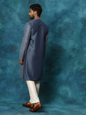 Blue And Cream Rayon Cotton Kurta Pyjama Set 3