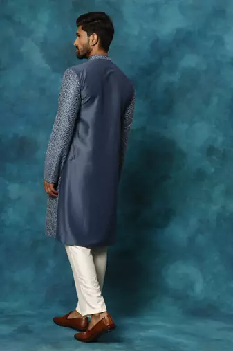 Blue And Cream Rayon Cotton Kurta Pyjama Set