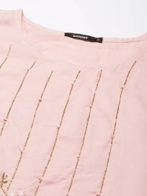 women's round neck solid pink straight kurta and sharara with dupatta 3