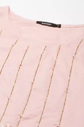 women's round neck solid pink straight kurta and sharara with dupatta