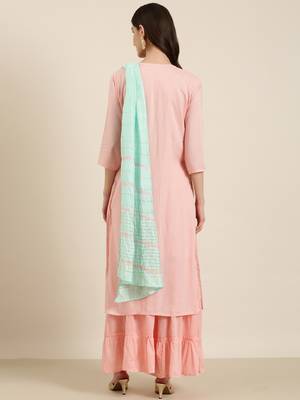women's round neck solid pink straight kurta and sharara with dupatta 4