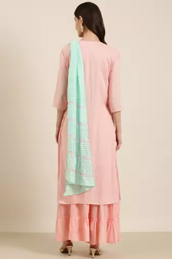 women's round neck solid pink straight kurta and sharara with dupatta