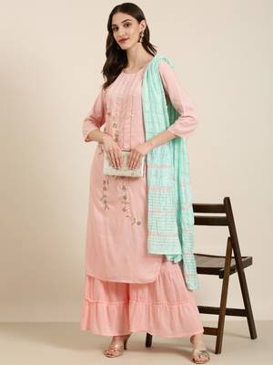 women's round neck solid pink straight kurta and sharara with dupatta 5