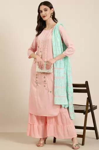 women's round neck solid pink straight kurta and sharara with dupatta