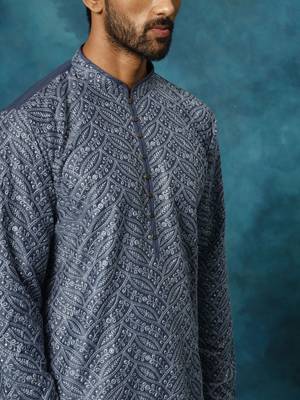Blue Rayon Cotton Kurta Pyjama Set 4