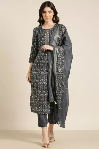Showoff women's round neck floral foil print grey straight kurta and trouser with dupatta