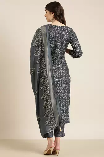 Showoff women's round neck floral foil print grey straight kurta and trouser with dupatta