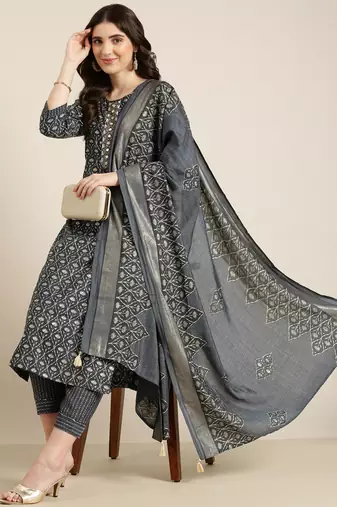 Showoff women's round neck floral foil print grey straight kurta and trouser with dupatta