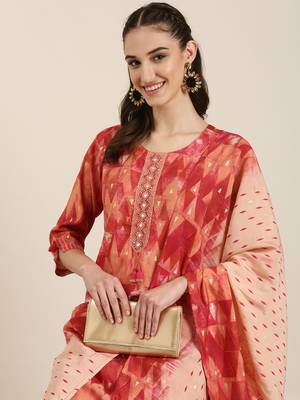 women's round neck geometric foil print red straight kurta and trouser with dupatta 1