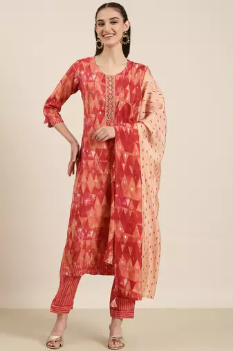 women's round neck geometric foil print red straight kurta and trouser with dupatta