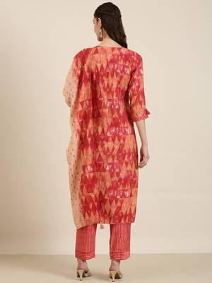 women's round neck geometric foil print red straight kurta and trouser with dupatta 4