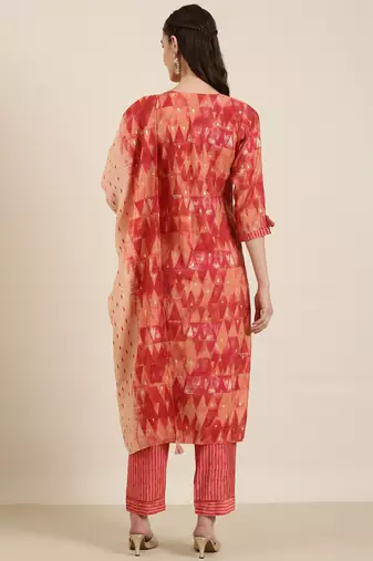 women's round neck geometric foil print red straight kurta and trouser with dupatta