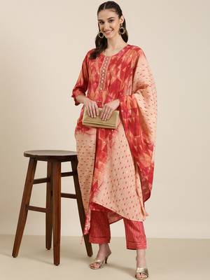 women's round neck geometric foil print red straight kurta and trouser with dupatta 5