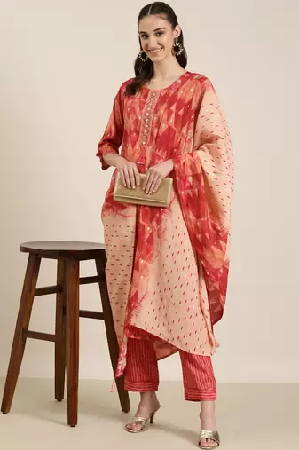 women's round neck geometric foil print red straight kurta and trouser with dupatta