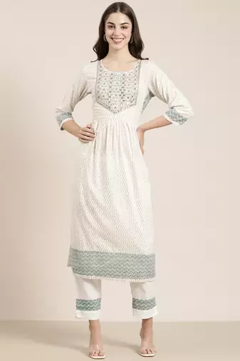 women's round neck floral foil print off white a-line kurta and trouser
