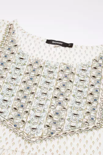 women's round neck floral foil print off white a-line kurta and trouser