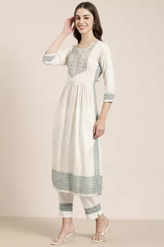 women's round neck floral foil print off white a-line kurta and trouser