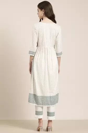 women's round neck floral foil print off white a-line kurta and trouser