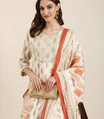 women's round neck floral foil print cream straight kurta and trouser with dupatta