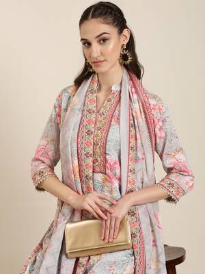 women's mandarin collar floral grey straight kurti and sharara with dupatta 1