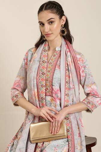 women's mandarin collar floral grey straight kurti and sharara with dupatta
