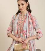 women's mandarin collar floral grey straight kurti and sharara with dupatta