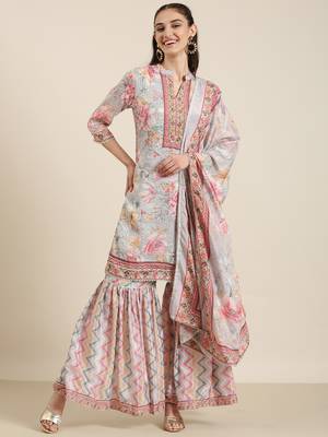 women's mandarin collar floral grey straight kurti and sharara with dupatta 2