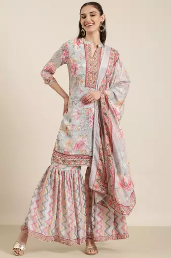 women's mandarin collar floral grey straight kurti and sharara with dupatta