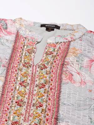 women's mandarin collar floral grey straight kurti and sharara with dupatta 3