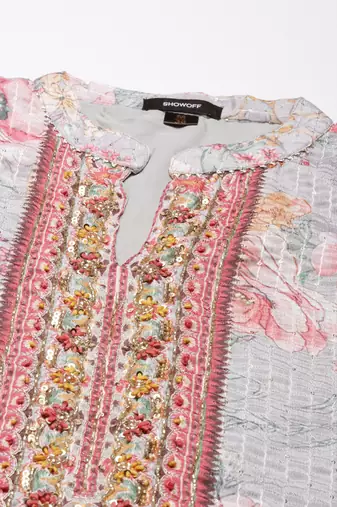 women's mandarin collar floral grey straight kurti and sharara with dupatta