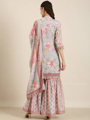 women's mandarin collar floral grey straight kurti and sharara with dupatta 4