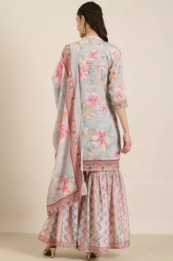 women's mandarin collar floral grey straight kurti and sharara with dupatta