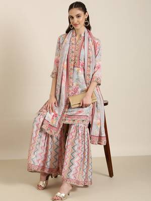women's mandarin collar floral grey straight kurti and sharara with dupatta 5