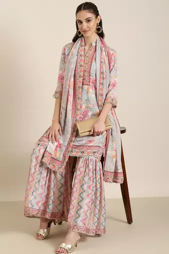 women's mandarin collar floral grey straight kurti and sharara with dupatta