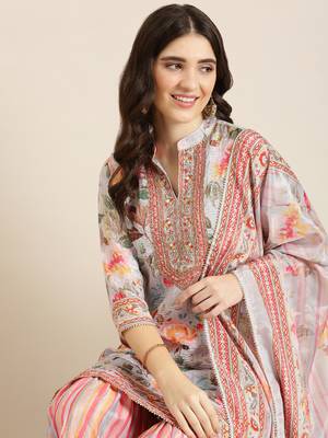 women's mandarin collar floral grey straight kurti and sharara with dupatta 1