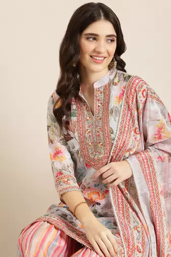 women's mandarin collar floral grey straight kurti and sharara with dupatta