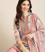 women's mandarin collar floral grey straight kurti and sharara with dupatta