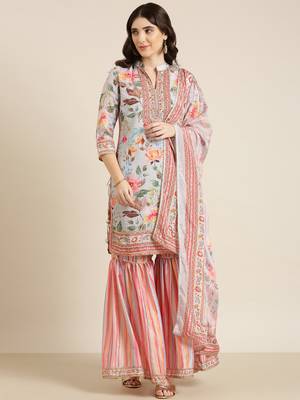 women's mandarin collar floral grey straight kurti and sharara with dupatta 2
