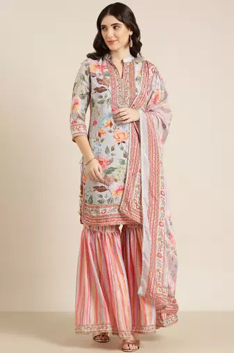women's mandarin collar floral grey straight kurti and sharara with dupatta