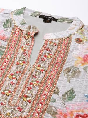 women's mandarin collar floral grey straight kurti and sharara with dupatta 3