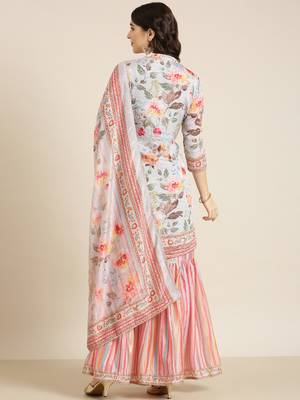 women's mandarin collar floral grey straight kurti and sharara with dupatta 4