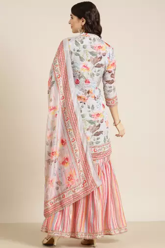 women's mandarin collar floral grey straight kurti and sharara with dupatta