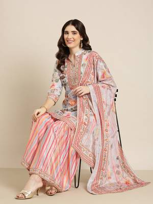 women's mandarin collar floral grey straight kurti and sharara with dupatta 5
