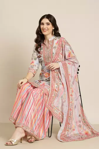women's mandarin collar floral grey straight kurti and sharara with dupatta