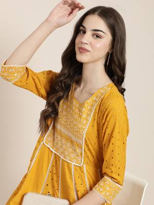 women's round neck solid mustard anarkali kurta and trouser 1