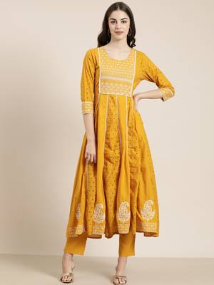 women's round neck solid mustard anarkali kurta and trouser 2