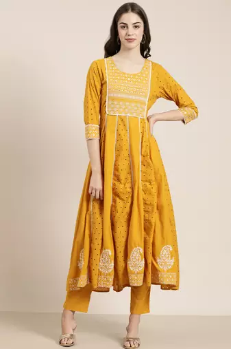 women's round neck solid mustard anarkali kurta and trouser